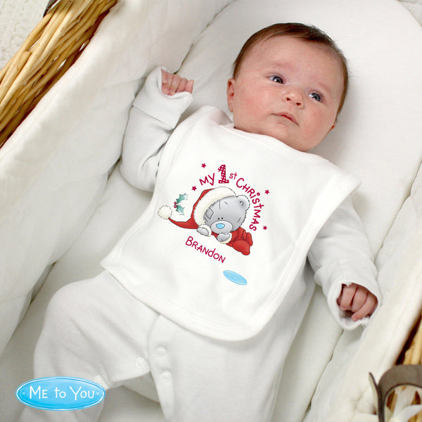 Baby Boy Wearing A Personalised Me To You My 1st Christmas Bib