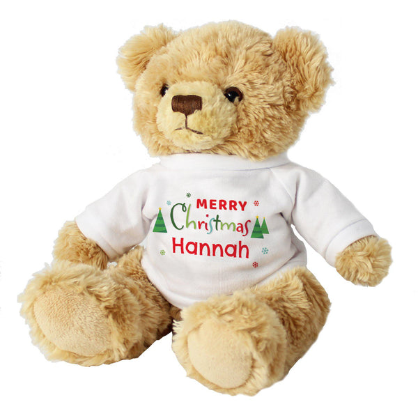 Personalised Merry Christmas Teddy Bear -  Christmas Trees & Snowflakes Adorn Teddies Top