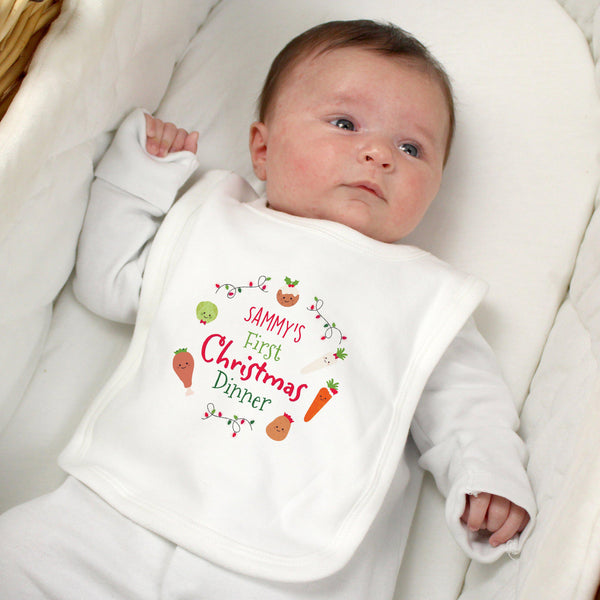 Baby Boy Wearing A Personalised 'First Christmas Dinner' Bib