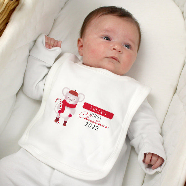 Baby Boy Wearing Personalised '1st Christmas' Mouse Bib 