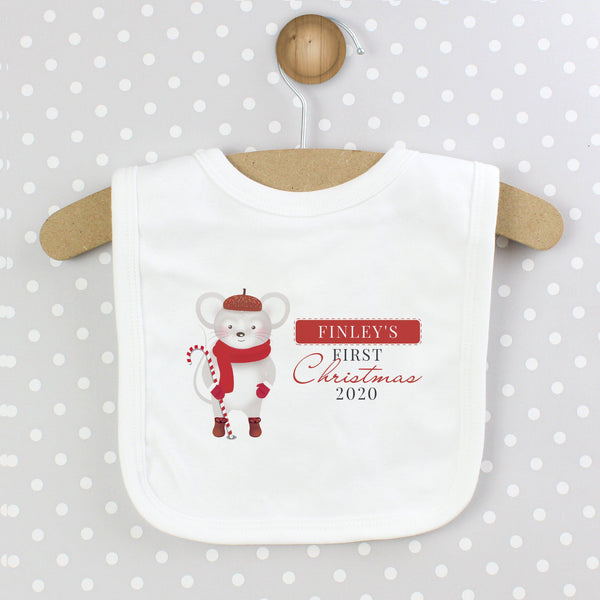 Personalised '1st Christmas' Mouse Bib - Mouse Is Wearing Red Hat, Scarf & Gloves Whilst Carrying A Candy Cane