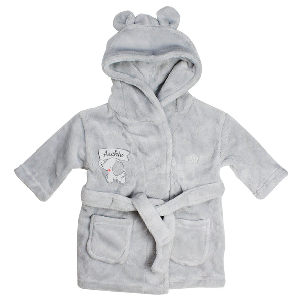 Personalised Elephant 0-6 Months Grey Hooded Baby Dressing Gown - Personalised For Little Archie