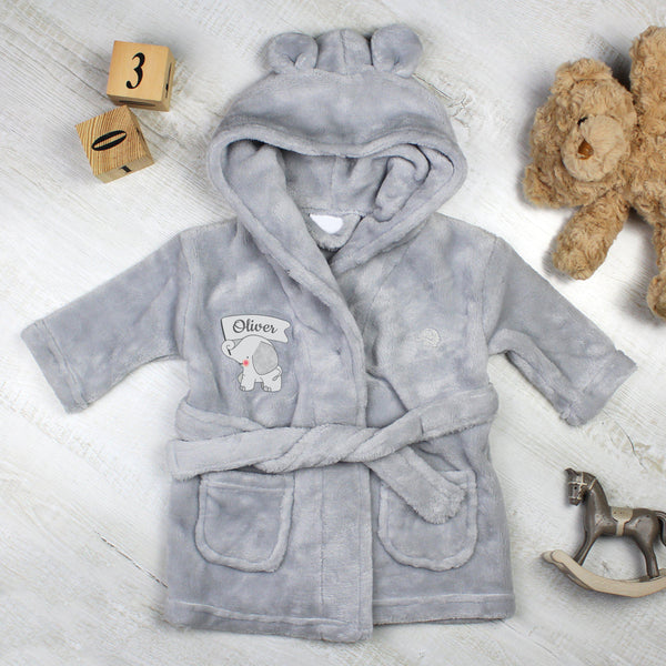 Personalised Elephant 0-6 Months Grey Hooded Baby Dressing Gown - Pictured With Blocks - Teddy & Rocking Horse
