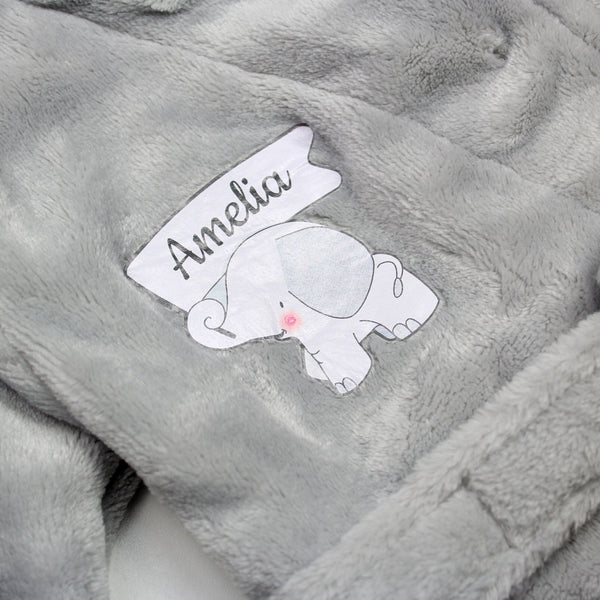 Personalised Elephant 0-6 Months Grey Hooded Baby Dressing Gown -  Close Up Of Elephant Holding A Personalised Flag In It's Trunk