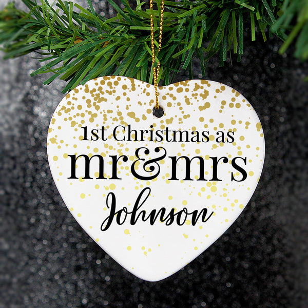 Personalised Mr and Mrs 1st Christmas Ceramic Heart Decoration -  Personalised For The Happy Johnson's
