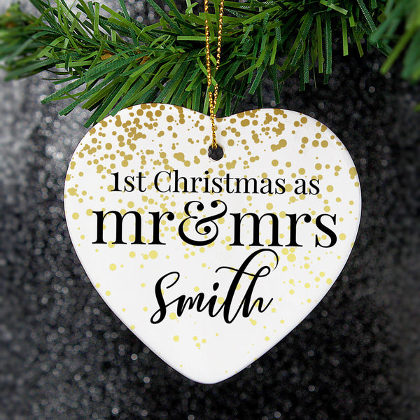 Personalised Mr and Mrs 1st Christmas Ceramic Heart Decoration -  Mr & Mrs Smith