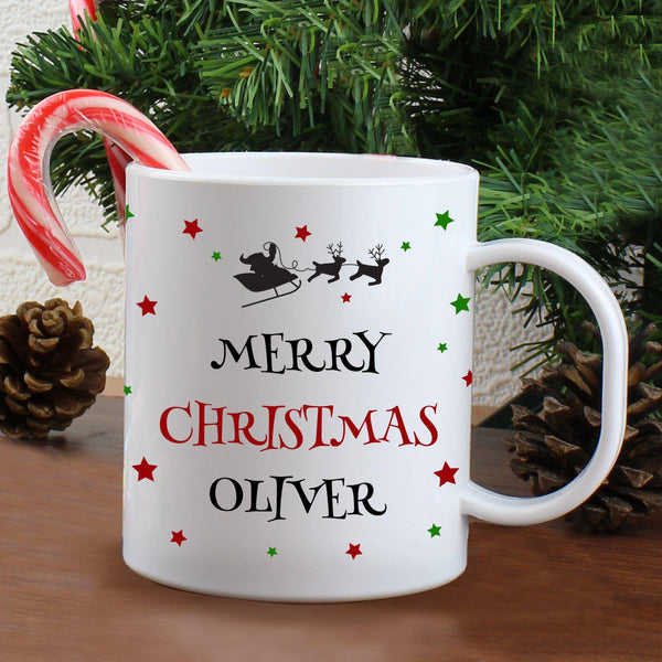 Personalised Christmas Eve Plastic Mug With Santa On His Sleigh In The Night Sky