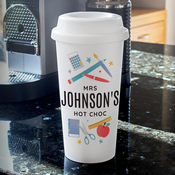 Personalised Teachers Insulated Eco Travel Cup - Cup Has A Snazzy Teacher Design Featuring All The Tools A Teacher Will Need