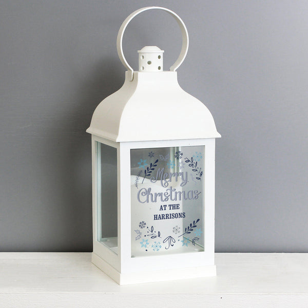 Merry Christmas Frost White Lantern personalised for the Harisons family