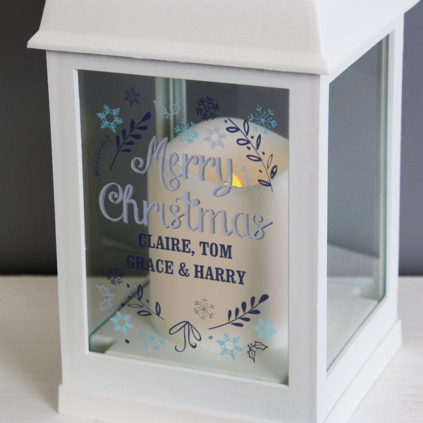 Merry Christmas Frost White Lantern personalised for Claire, Tom, Grace and Harry