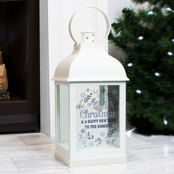 Merry Christmas Frost White Lantern personalised for the Roberts family