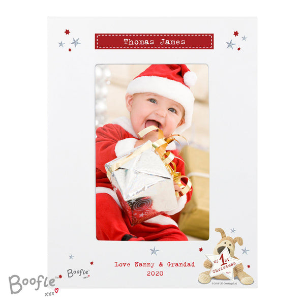 Personalised Boofle My 1st Christmas 6x4 Photo Frame - Boofle Holds My First Christmas Star At The Bottom Right Of The Frame
