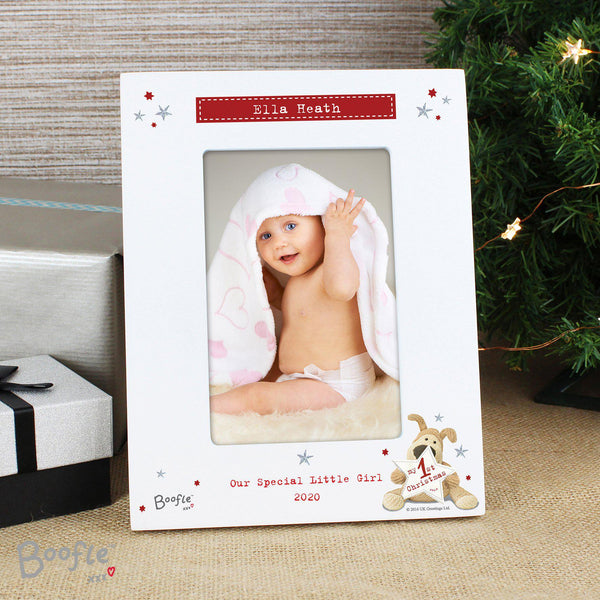 Personalised Boofle My 1st Christmas 6x4 Photo Frame = White Frame With Red & Silver Stars Around The Edge