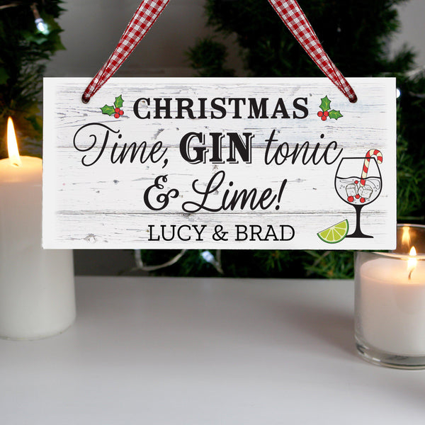 Personalised Christmas Gin Wooden Sign - Features Holly & A Gin Glass