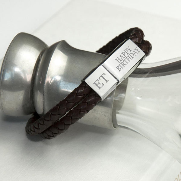 Personalised Men's Dual Leather Woven Bracelet In Umber - Personalised With 2 Initials & Happy Birthday