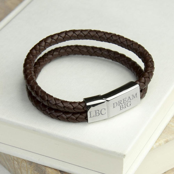 Personalised Men's Dual Leather Woven Bracelet In Umber - Personalised With 3 Initials & Dream Big
