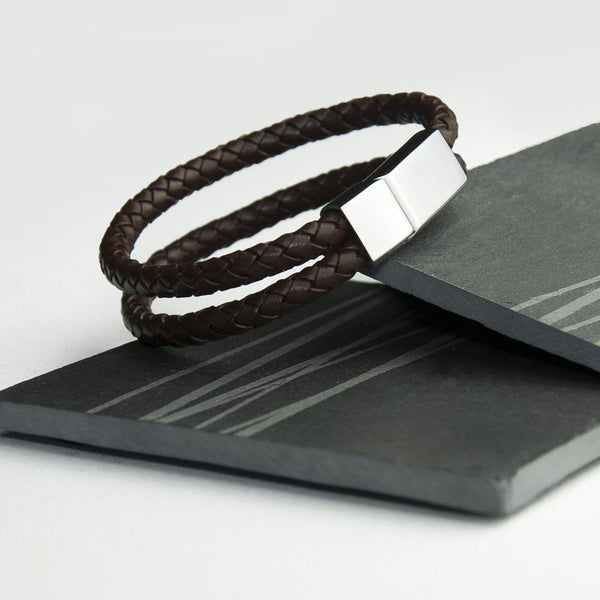 Personalised Men's Dual Leather Woven Bracelet In Umber - Resting On Slate
