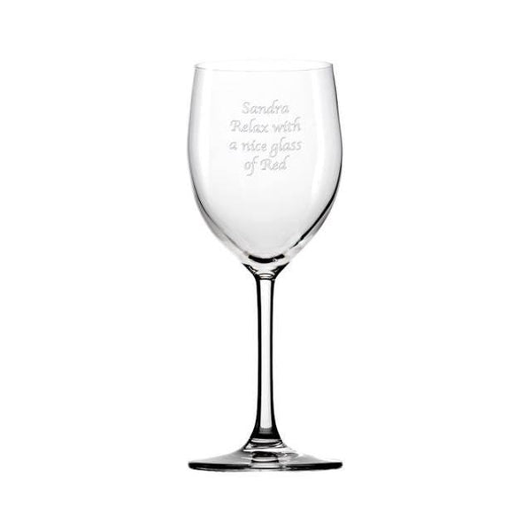 Personalised Wine Glass With Name And Message Reading "Relax With A Nice Glass Of Red"