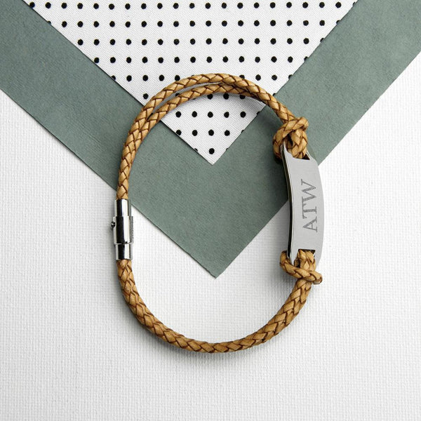 Personalised Men's Statement Leather Bracelet in Sandstone - Personalised With Initials ATW