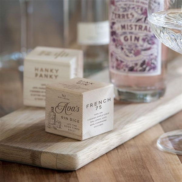 This Gin Recipe Dice with five gin recipes and personalised on one side with any name and 'let the good times roll!'