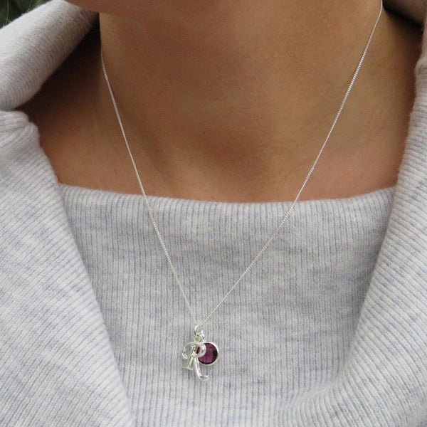 Personalised Initial Birthstone Necklace - The Purple Birthstone With Initial R Is Worn By A Model