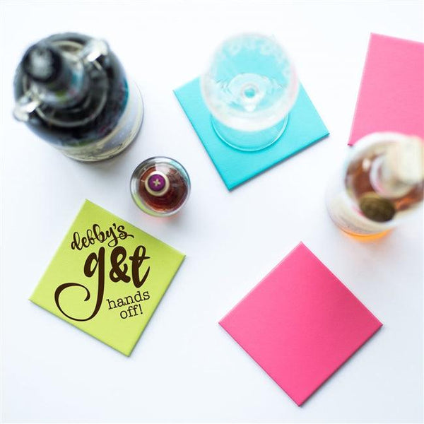 Personalised Leather G&T Coaster - Lime Green Coaster Stating "debby's g&t hands off!"