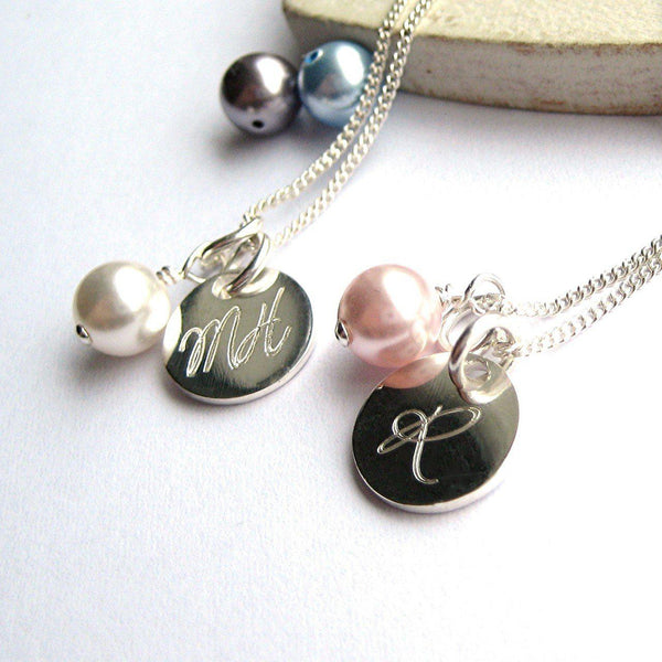 Necklaces Show A Pale Pearl And MH On The 10mm Disc And The Other Has A Pale Pink Pearl With The Initial R On The 10mm Disc