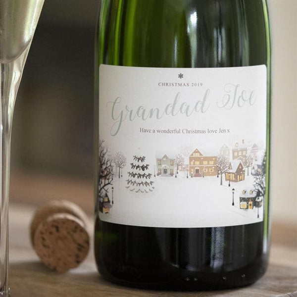 Personalised Snowy Scene Champagne That Reads 