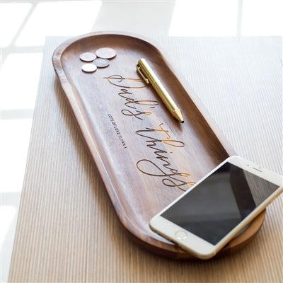 Personalised Wooden Concierge Tray - Tray Has A Pen, Coins And A Mobile 