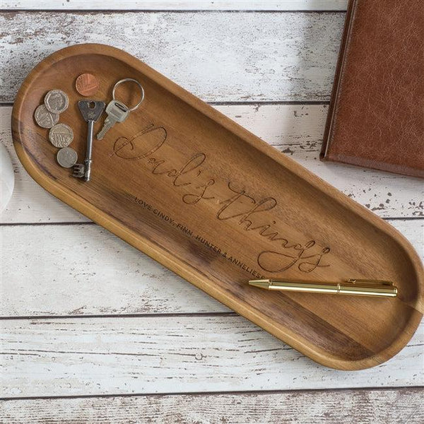 Personalised Wooden Concierge Tray - Text Reads "Dad's Things" In The Centre Of The Tray