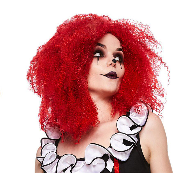 Sassy Woman Clown Wearing a Red Crimped Wig
