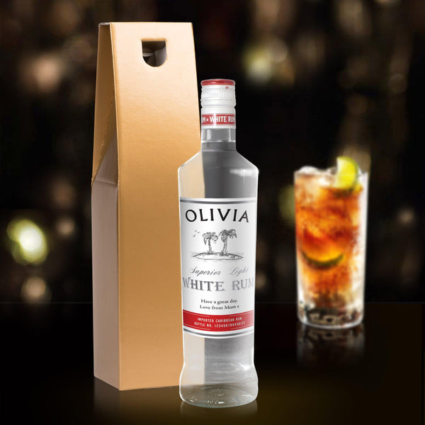 Personalised White Rum Standing In Front Of A Gold Presentation Box