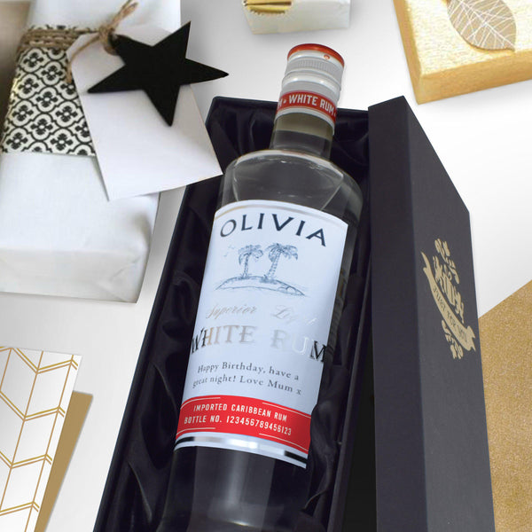Personalised White Rum Laying In A Silk Lined Black Presentation Box