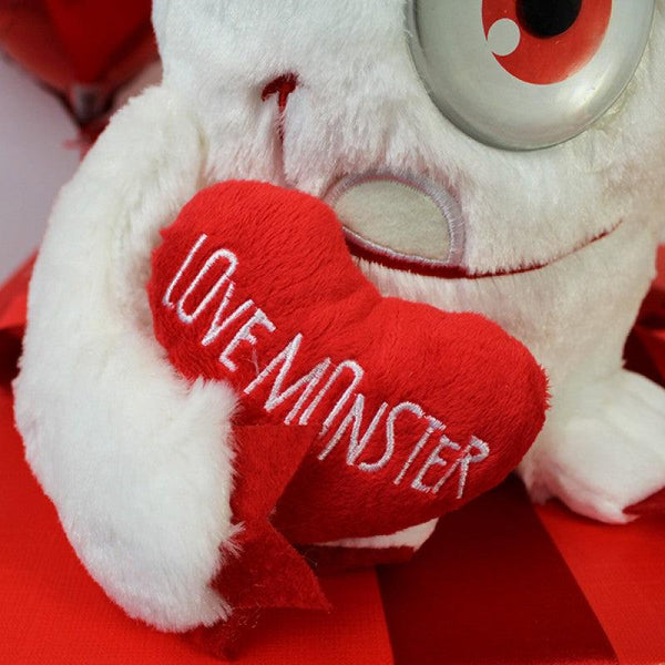 Deluxe Valentine Gift Box -  Close Up Of Heart Held By The Plush Teddy - Heart Text Reads Love Monster