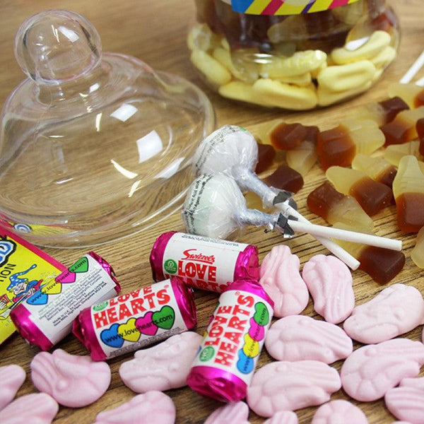 GIANT VICTORIAN RETRO SWEET JAR - LOVE HEARTS, LOLLIPOPS, PINK SHRIMPS AND COLA BOTTLES